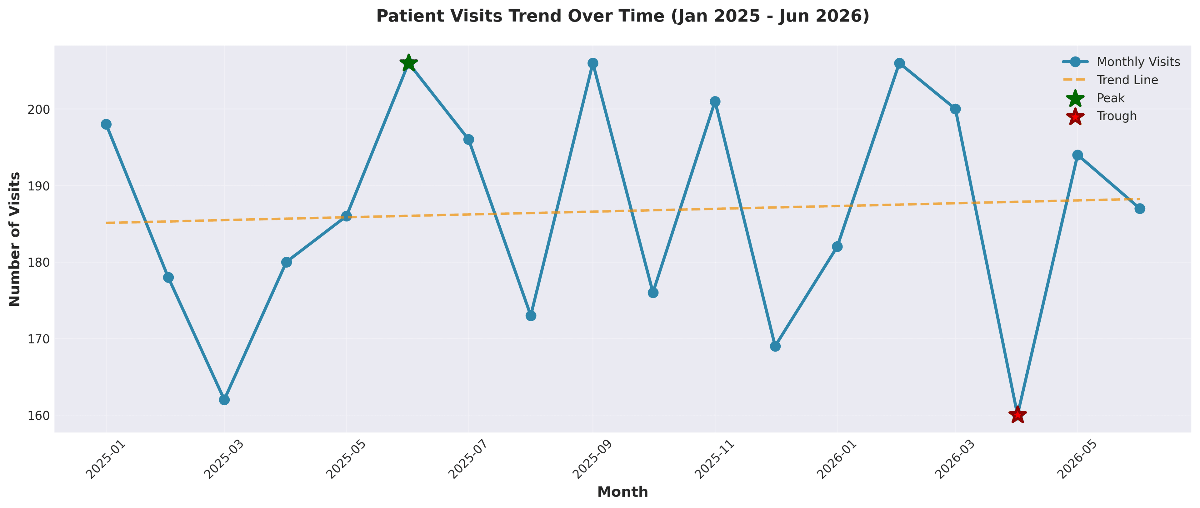 Line chart showing monthly patient visits from January 2025 to June 2026